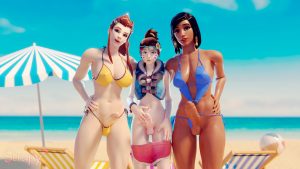 DVa, Brigitte and Pharah at the beach (Strapy) [Overwatch]